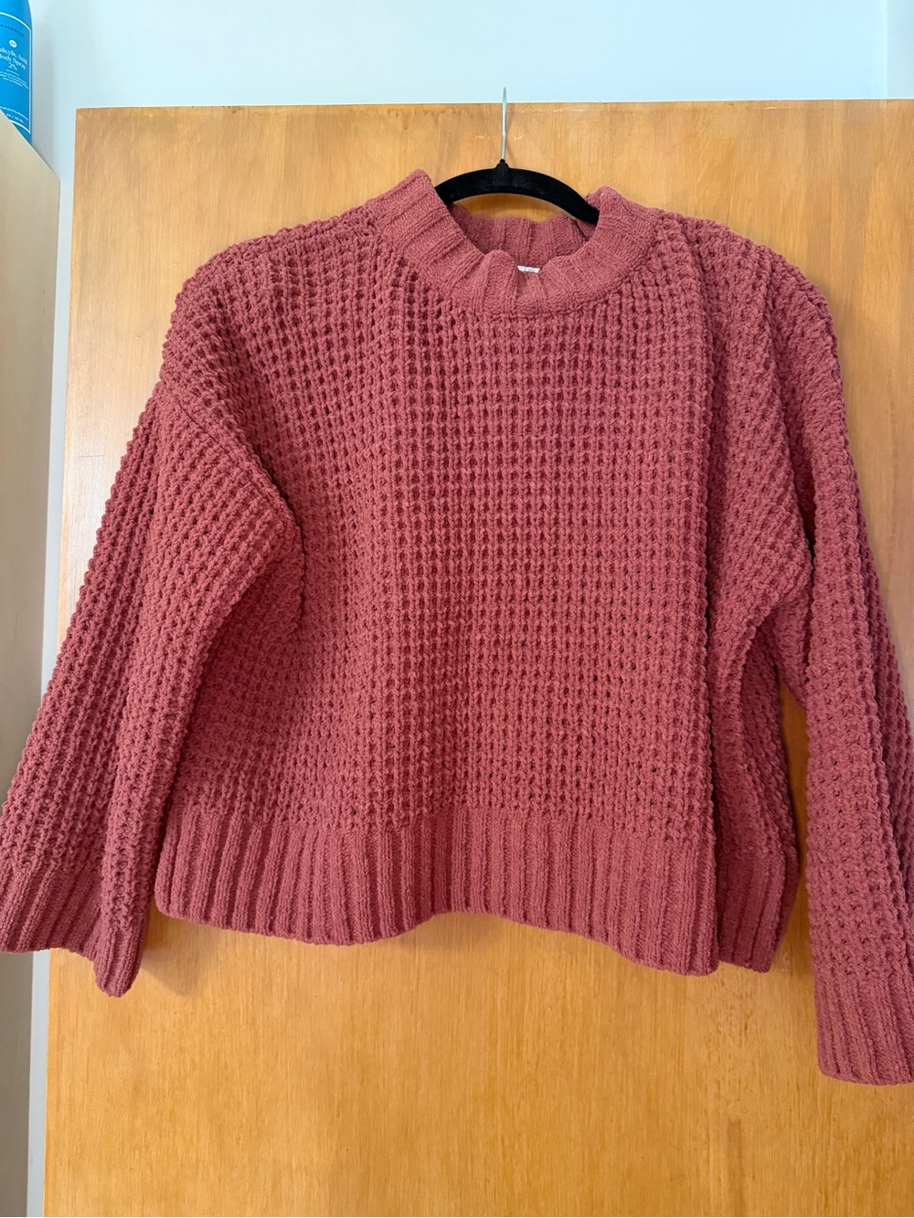 Waffle-Knit Cropped Crewneck Sweater in Dusty Rose